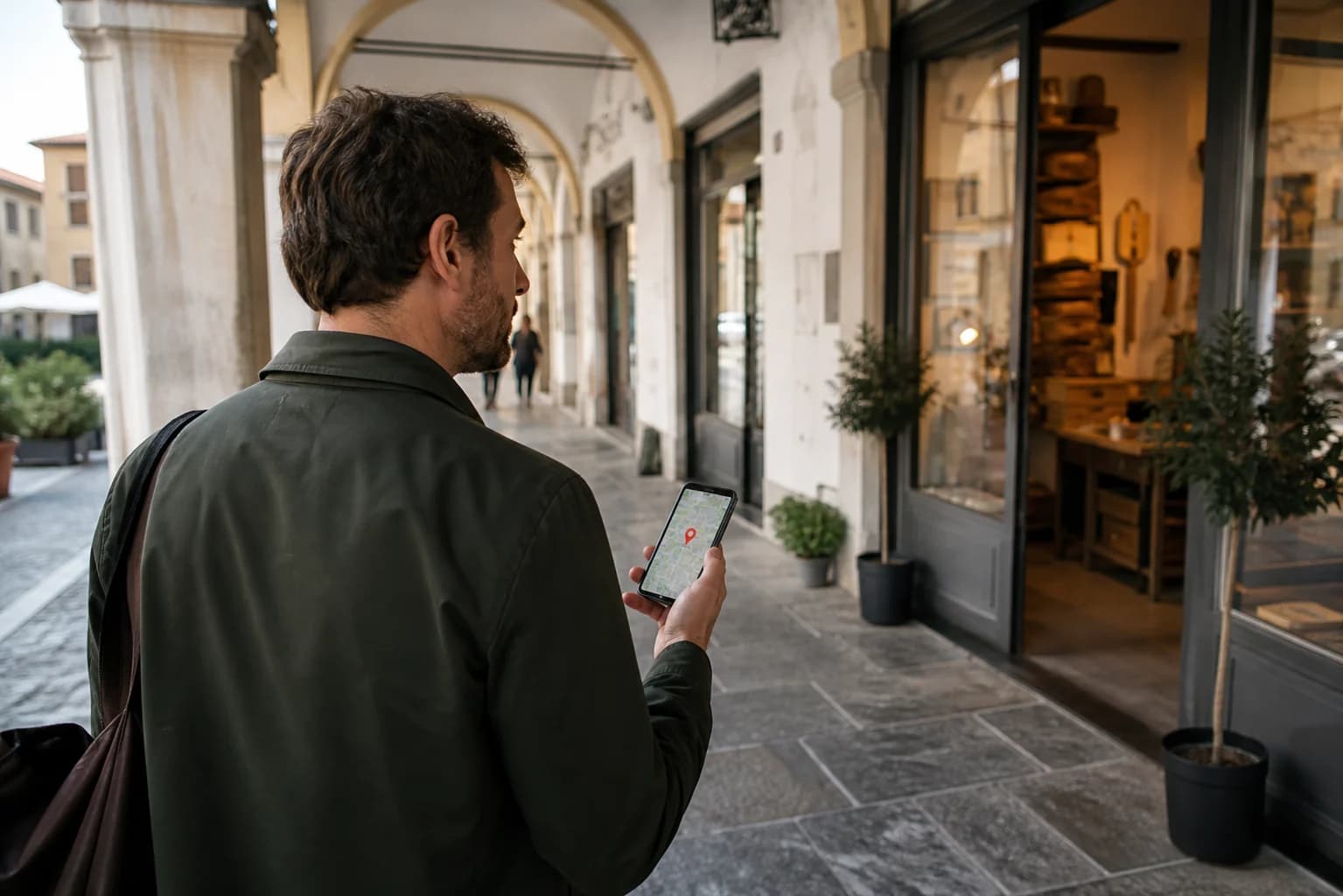Customer searching for a local business on a phone under Italian arcades